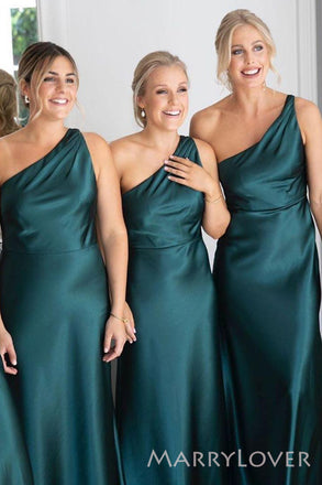 Simple Peacock Satin One Shoulder Long Custom Bridesmaid Dresses , BN1244