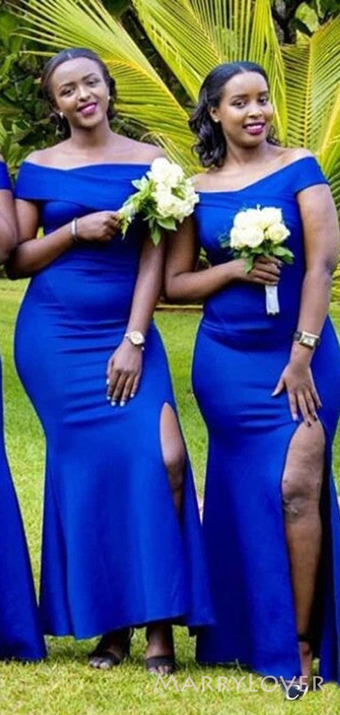 Simple Royal Blue Off Shoulder Long Side Slit Custom Bridesmaid Dresses , BN1252