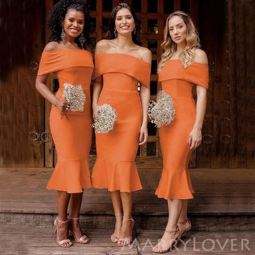 Orange Off Shoulder Mermaid Short Custom Bridesmaid Dresses , BN1254