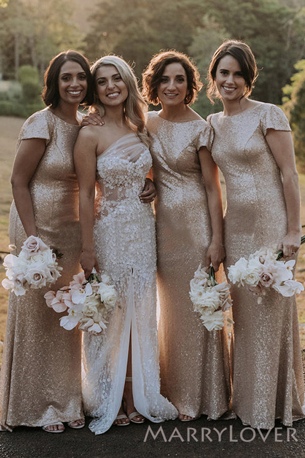 Simple Gold Sequins Mermaid Long Backless Custom Bridesmaid Dresses , MarryLover Simple Gold Sequins Mermaid Long Backless Custom Bridesmaid Dresses , MarryLover