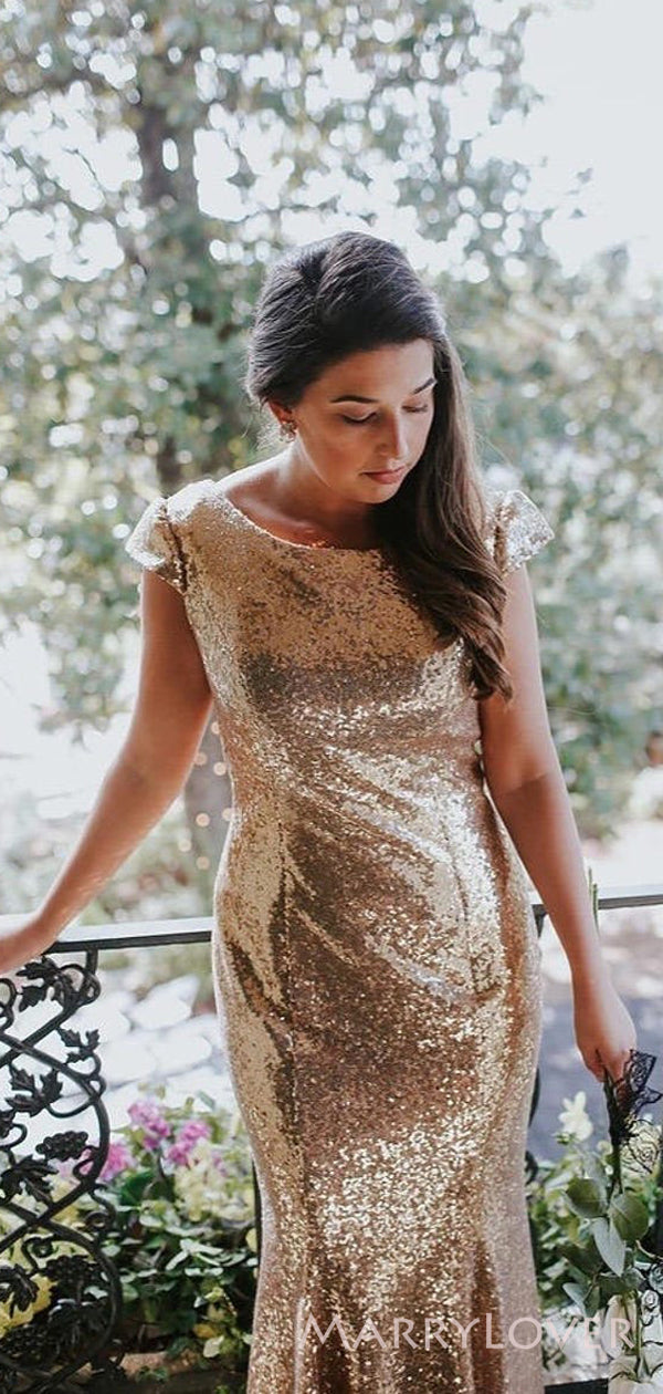 Simple Gold Sequins Mermaid Long Backless Custom Bridesmaid Dresses , BN1256 Simple Gold Sequins Mermaid Long Backless Custom Bridesmaid Dresses , BN1256