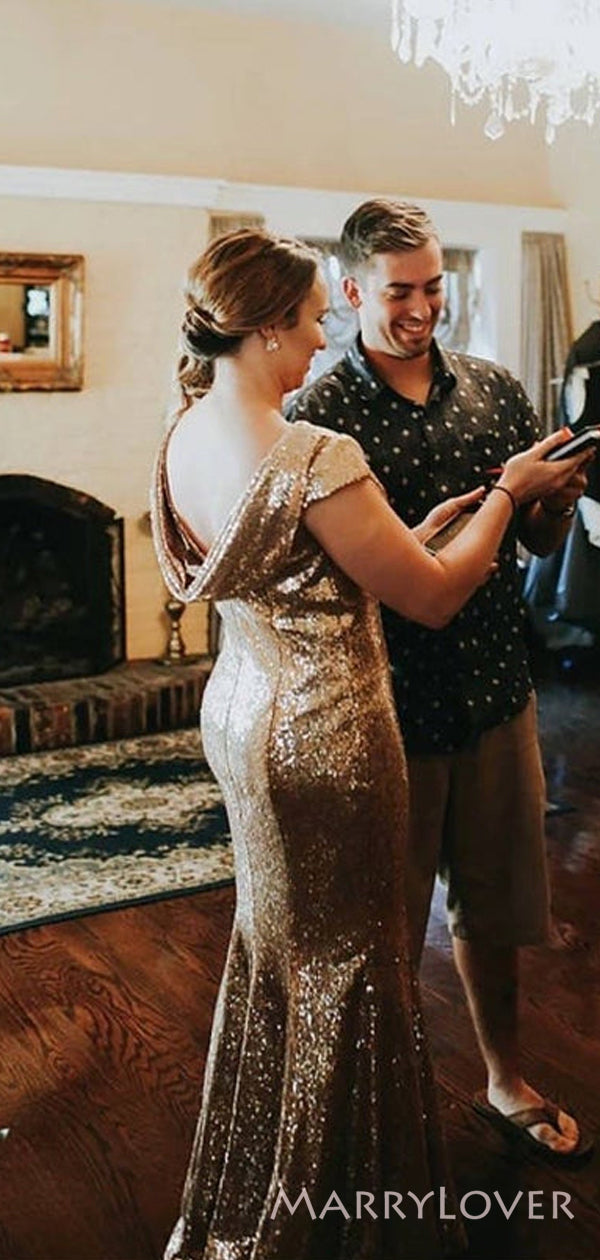 Simple Gold Sequins Mermaid Long Backless Custom Bridesmaid Dresses , MarryLover Simple Gold Sequins Mermaid Long Backless Custom Bridesmaid Dresses , MarryLover