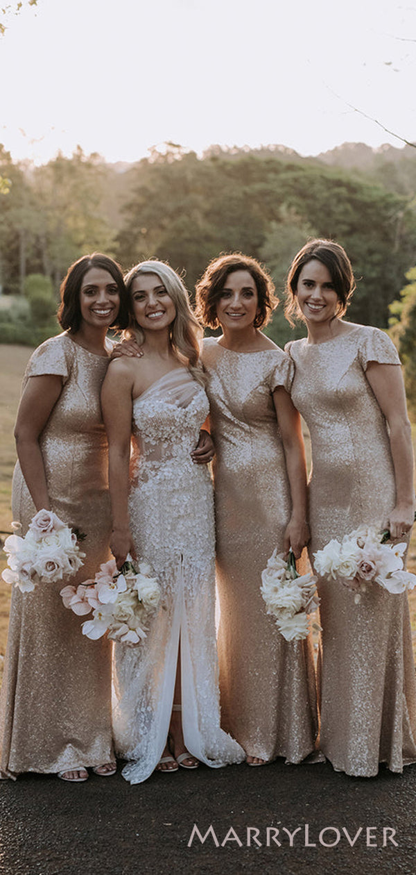 Simple Gold Sequins Mermaid Long Backless Custom Bridesmaid Dresses , BN1256 Simple Gold Sequins Mermaid Long Backless Custom Bridesmaid Dresses , BN1256