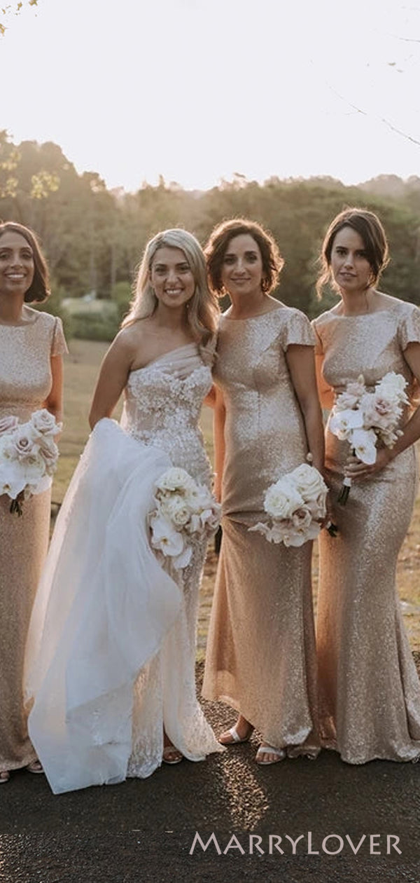 Simple Gold Sequins Mermaid Long Backless Custom Bridesmaid Dresses , BN1256 Simple Gold Sequins Mermaid Long Backless Custom Bridesmaid Dresses , BN1256