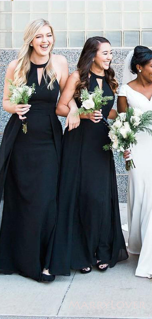 Black Chiffon Halter A-line Long V-neck Custom Bridesmaid Dresses , BN1257