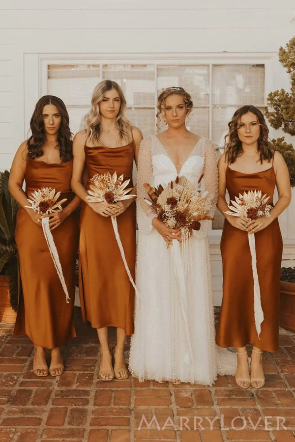 Spaghetti Straps Burnt Orange Satin Sheath Long Custom Bridesmaid Dresses , BN1261 Spaghetti Straps Burnt Orange Satin Sheath Long Custom Bridesmaid Dresses , BN1261
