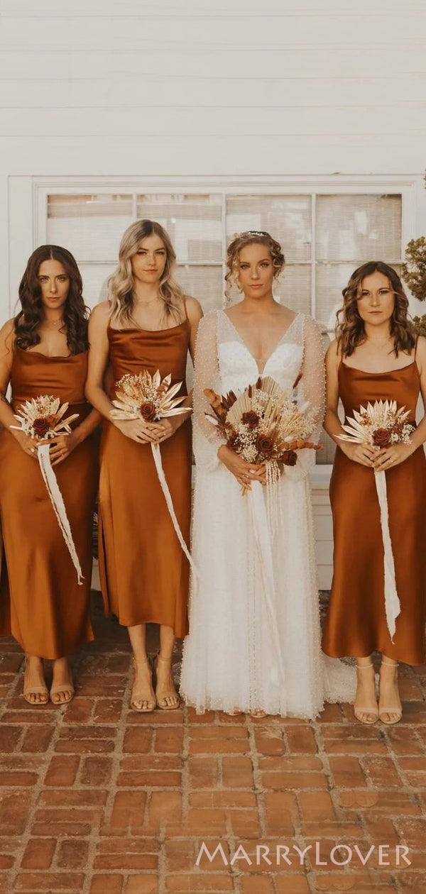 Spaghetti Straps Burnt Orange Satin Sheath Long Custom Bridesmaid Dres MarryLover Spaghetti Straps Burnt Orange Satin Sheath Long Custom Bridesmaid Dres MarryLover