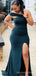 One Shoulder Navy Blue Mermaid Long Side Slit Custom Bridesmaid Dresses , BN1269