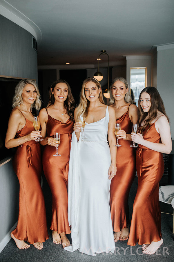 Burnt Orange Satin Spaghetti Straps Long Custom Bridesmaid Dresses , B MarryLover Burnt Orange Satin Spaghetti Straps Long Custom Bridesmaid Dresses , B MarryLover