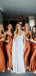 Burnt Orange Satin Spaghetti Straps Long Custom Bridesmaid Dresses , BN1272