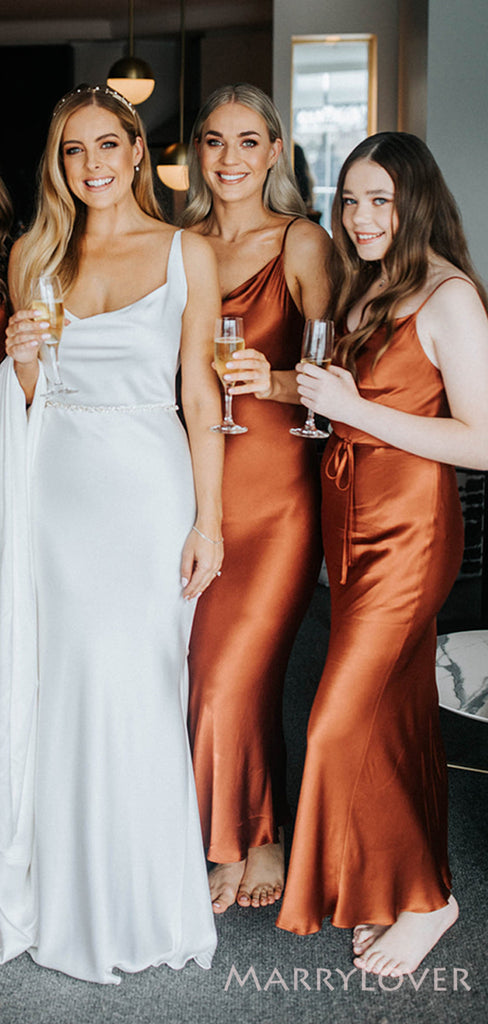Burnt Orange Satin Spaghetti Straps Long Custom Bridesmaid Dresses , BN1272