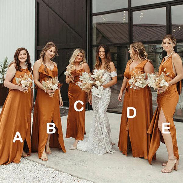 Mismatched Burnt Orange Long Side Slit Custom Bridesmaid Dresses , BN1 – MarryLover