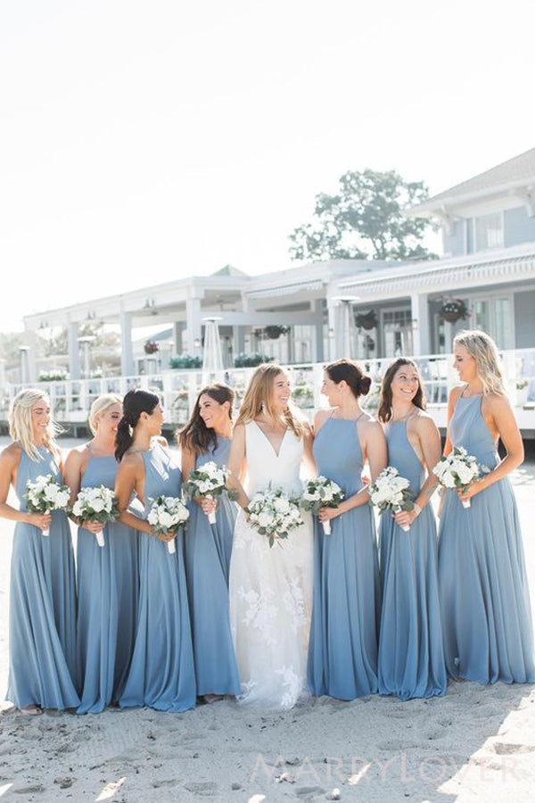 Simple A-line Dusty Blue Chiffon Halter Long Custom Bridesmaid
