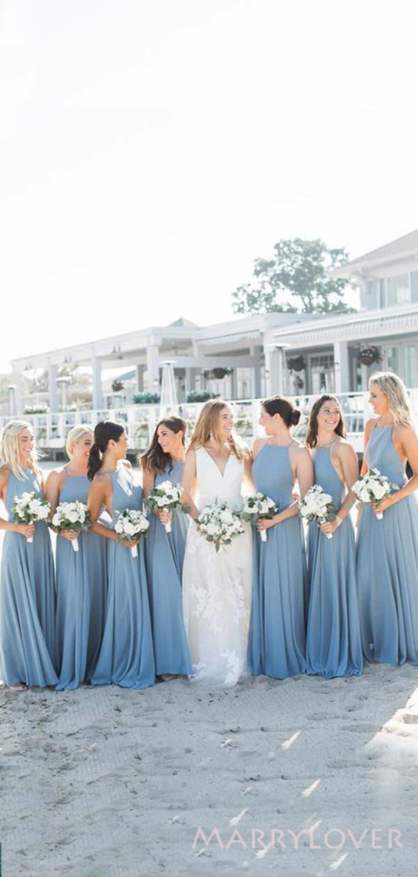 Simple A-line Dusty Blue Chiffon Halter Long Custom Bridesmaid Dresses , BN1276 Simple A-line Dusty Blue Chiffon Halter Long Custom Bridesmaid Dresses , BN1276