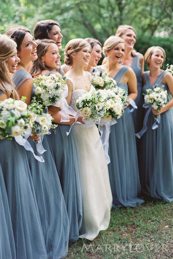 A-line Dusty Blue Tulle Long Custom Bridesmaid Dresses BN1277