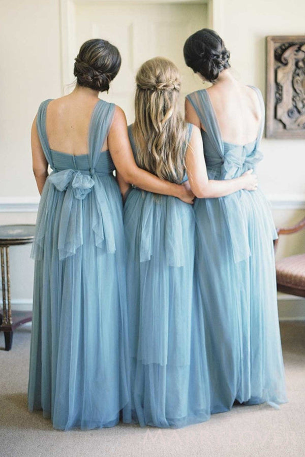 A-line Dusty Blue Tulle Long Custom Bridesmaid Dresses , BN1277