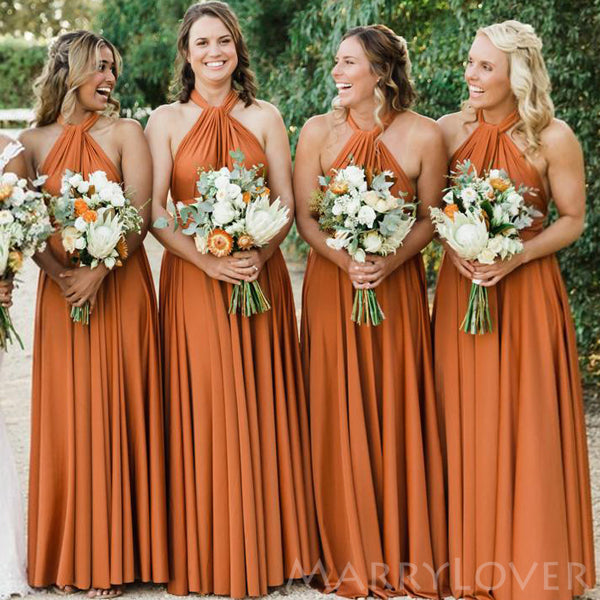 A-line Burnt Orange Halter Long Custom Bridesmaid Dresses , BN1284 – MarryLover