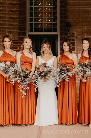 Simple One Shoulder A-line Burnt Orange Long Custom Bridesmaid Dresses , BN1286
