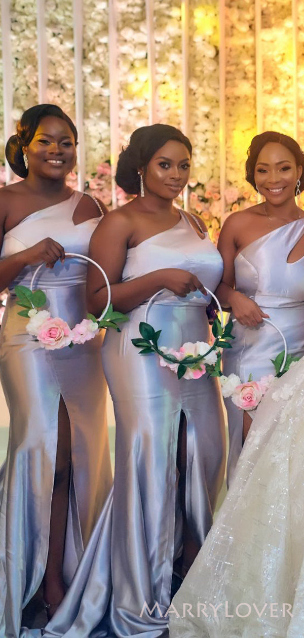 Blue Silvery Grey Bridesmaid Dresses One Shoulder Satin Side Slit Long Mermaid Custom Bridesmaid Dresses MarryLover Blue Silvery Grey Bridesmaid Dresses One Shoulder Satin Side Slit Long Mermaid Custom Bridesmaid Dresses MarryLover