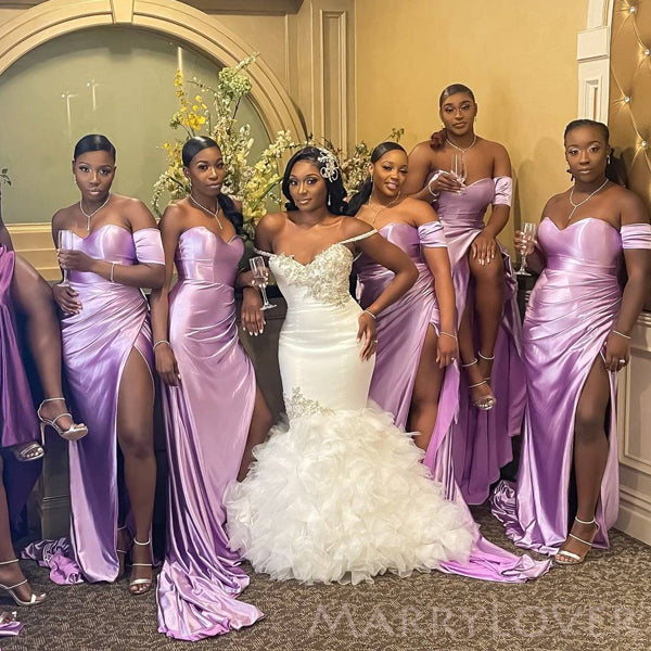 One Shoulder Short Sleeve Lilac Satin Side Slit Long Custom Bridesmaid MarryLover One Shoulder Short Sleeve Lilac Satin Side Slit Long Custom Bridesmaid MarryLover