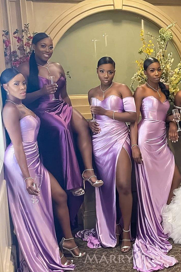 One Shoulder Short Sleeve Lilac Satin Side Slit Long Custom Bridesmaid Dresses , BN1295 One Shoulder Short Sleeve Lilac Satin Side Slit Long Custom Bridesmaid Dresses , BN1295