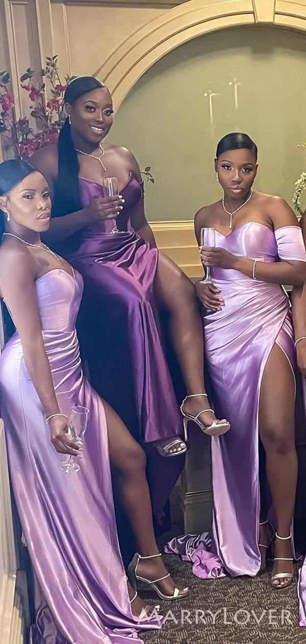 Lilac Bridesmaid Purple Color Bridesmaid Dresses One Shoulder Short Sleeve Lilac Satin Side Slit Long Custom Lilac Bridesmaid Purple Color Bridesmaid Dresses One Shoulder Short Sleeve Lilac Satin Side Slit Long Custom