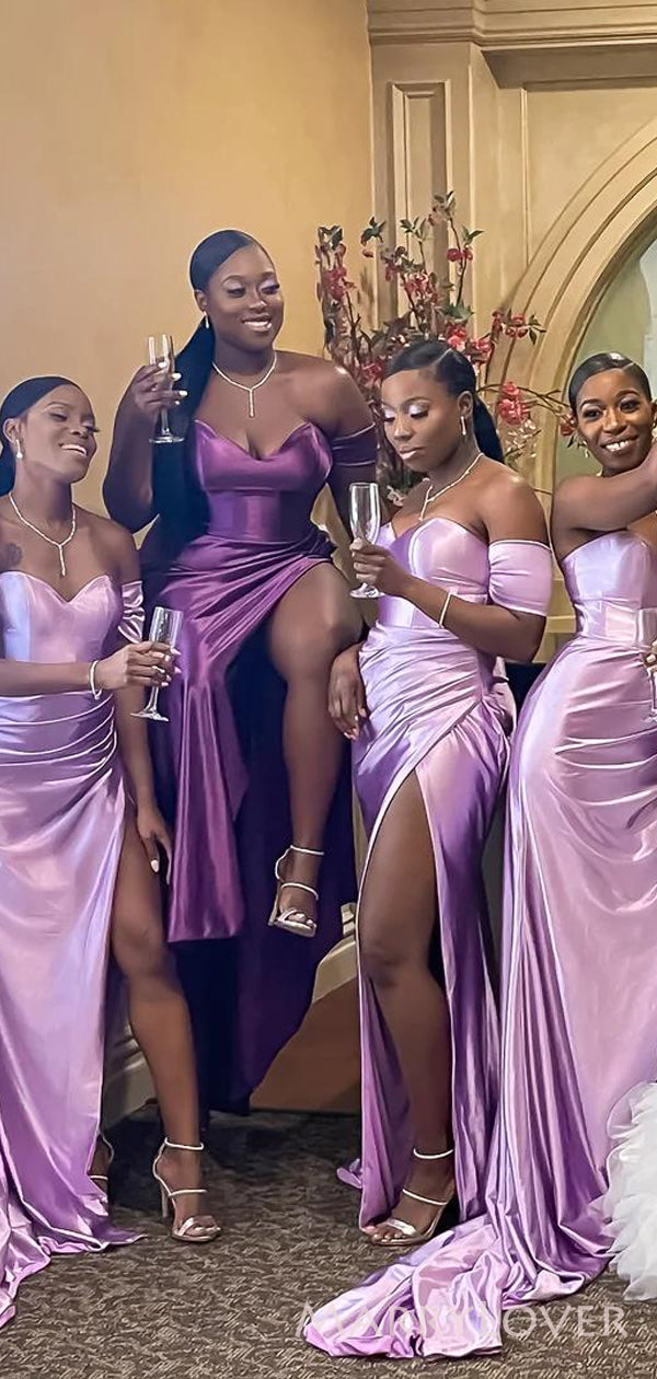 One Shoulder Short Sleeve Lilac Satin Side Slit Long Custom Bridesmaid MarryLover One Shoulder Short Sleeve Lilac Satin Side Slit Long Custom Bridesmaid MarryLover