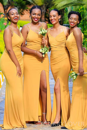 Simple Mermaid Spaghetti Straps V-neck Long Custom Bridesmaid Dresses , BN1298