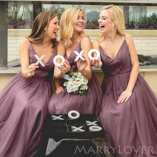 A-line Dusty Purple Tulle Spaghetti Straps Long Custom Bridesmaid Dres MarryLover A-line Dusty Purple Tulle Spaghetti Straps Long Custom Bridesmaid Dres MarryLover