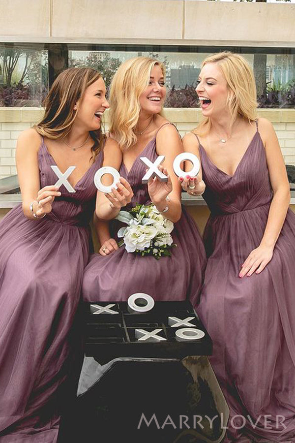 A-line Dusty Purple Tulle Spaghetti Straps Long Custom Bridesmaid Dresses , BN1304 A-line Dusty Purple Tulle Spaghetti Straps Long Custom Bridesmaid Dresses , BN1304