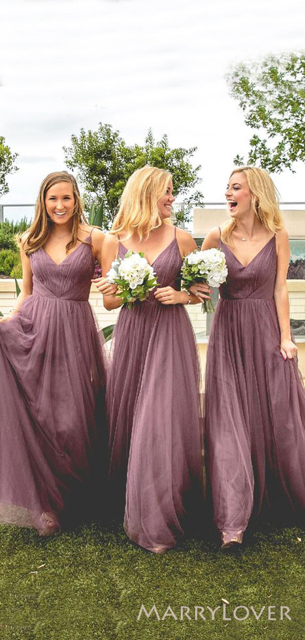 A-line Dusty Purple Tulle Spaghetti Straps Long Custom Bridesmaid Dres MarryLover A-line Dusty Purple Tulle Spaghetti Straps Long Custom Bridesmaid Dres MarryLover