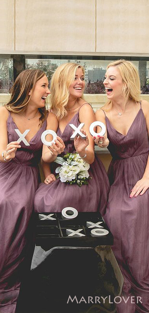 A-line Dusty Purple Tulle Spaghetti Straps Long Custom Bridesmaid Dresses , BN1304