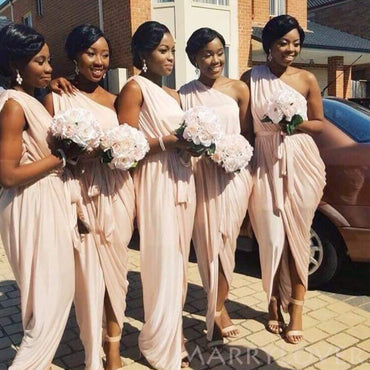 Simple One Shoulder Chiffon Side Slit Long Custom Bridesmaid Dresses , BN1309