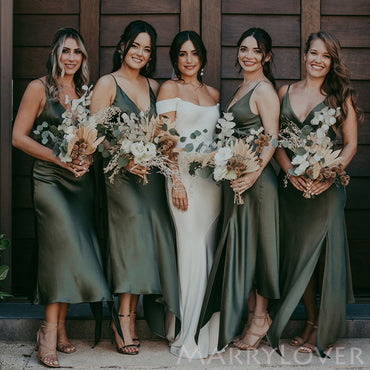 Sexy Spaghetti Straps V-neck Side Slit Long Custom Bridesmaid Dresses , BN1311