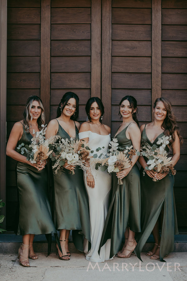 Sexy Spaghetti Straps V-neck Side Slit Long Custom Bridesmaid Dresses
