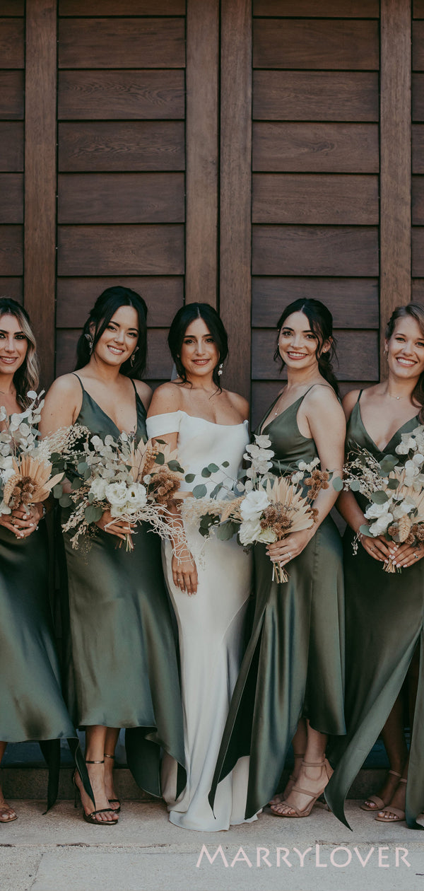 sexiest bridesmaid dresses Sexy Spaghetti Straps V-neck Side Slit Long Custom Bridesmaid Dresses – MarryLover