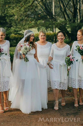 White Lace Half Sleeves Short Custom Bridesmaid Dresses , BN1313