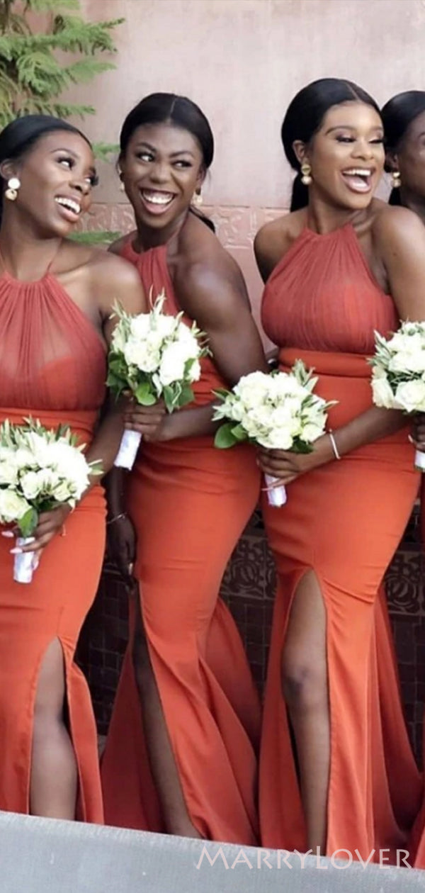Mermaid Halter Papaya Side Slit Long Mermaid Custom Bridesmaid Dresses , BN1314 Mermaid Halter Papaya Side Slit Long Mermaid Custom Bridesmaid Dresses , BN1314