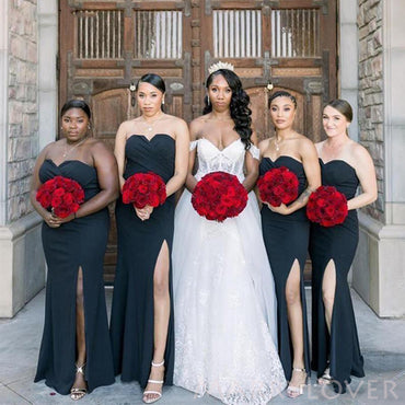 Simple Mermaid Strapless Side Slit Black Long Custom Bridesmaid Dresses , BN1316