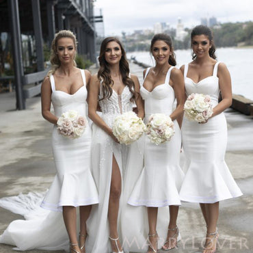 Mermaid Spaghetti Straps White Short Custom Bridesmaid Dresses , BN1317