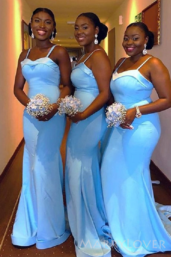 Spaghetti Straps Blue Long Mermaid Custom Bridesmaid Dresses , BN1326