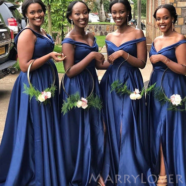 Off Shoulder Satin A-line Long Side Slit Custom Bridesmaid Dresses , BN1327