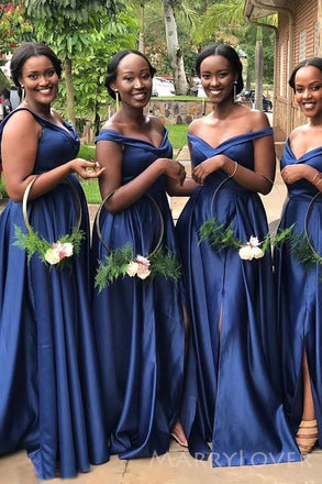 Off Shoulder Satin A-line Long Side Slit Custom Bridesmaid Dresses , BN1327