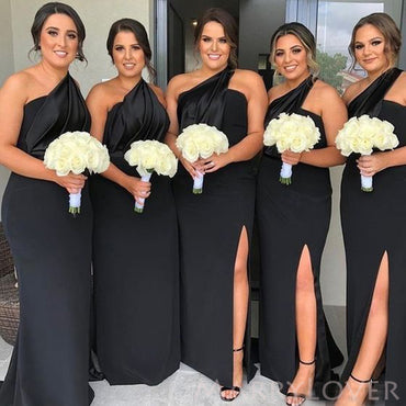 One Shoulder Black Side Slit Long Mermaid Custom Bridesmaid Dresses, BN1330