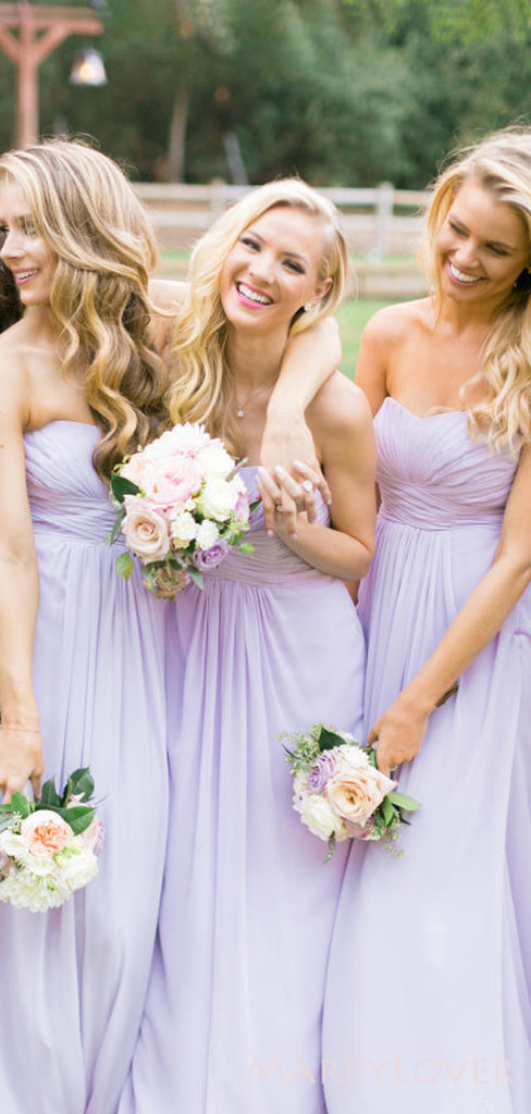 A-line Lilac Chiffon Strapless Long Custom Bridesmaid Dresses , BN1342