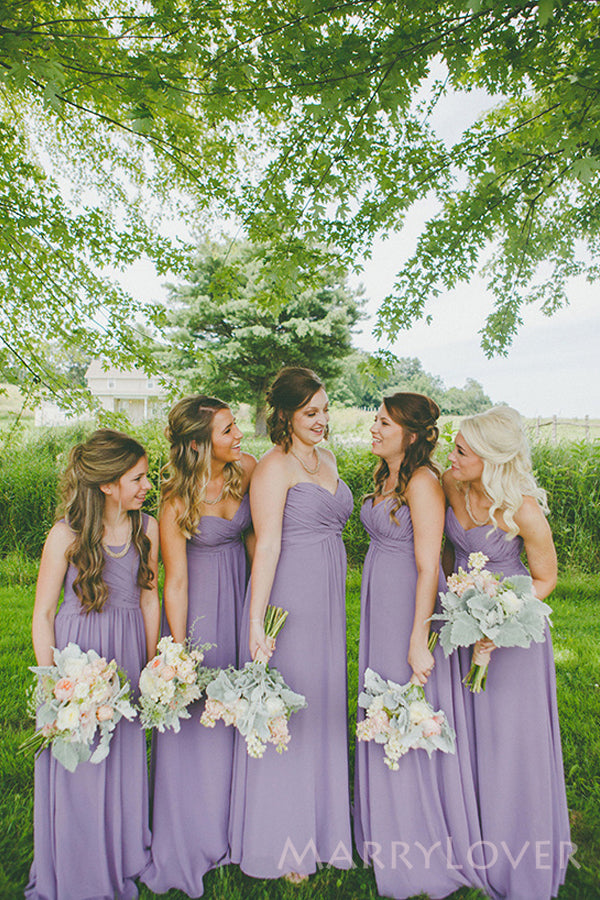 Simple A-line Purple Chiffon Strapless Long Custom Bridesmaid Dresses , BN1343