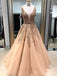 A-line Deep V-neck Appliques and Beading Long Tulle Prom Dresses, PD0568