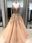 A-line Deep V-neck Appliques and Beading Long Tulle Prom Dresses, PD0568