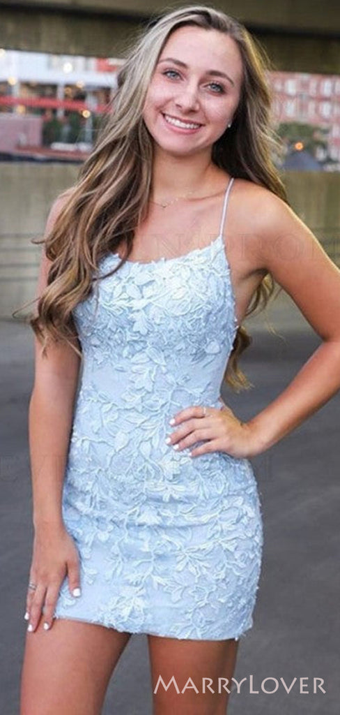 Sexy Spaghetti Straps Backless Appliques Short Homecoming Dresses, HM1001