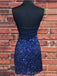 Spaghetti Straps Backless Navy Blue Sequins Short Homecoming Dresses, HM1002